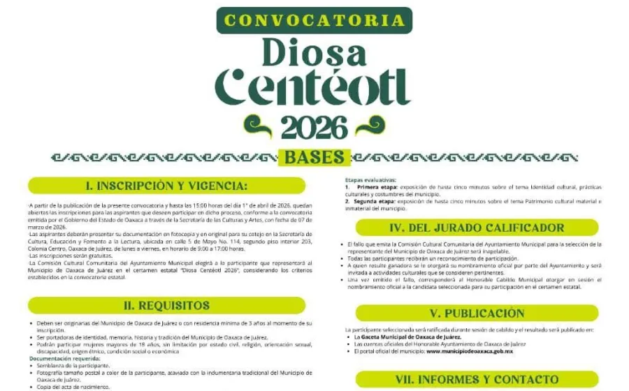 Oaxaca de Juárez convoca a elegir a su representante de Diosa Centéotl 2026