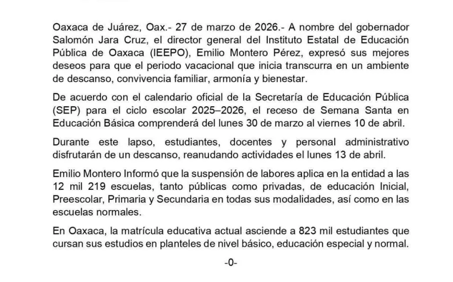 Receso escolar por Semana Santa a partir del 30 de marzo en Educación Básica