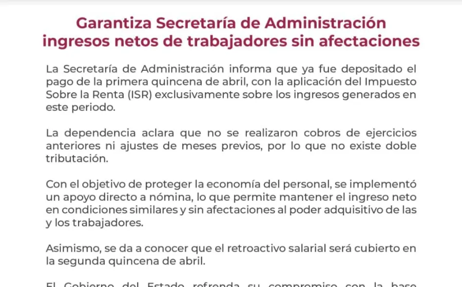 Garantiza Secretaría de Administración ingresos netos de trabajadores sin afectaciones