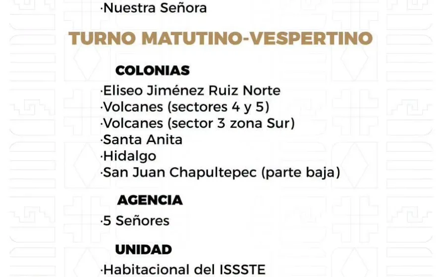 Agenda del suministro de agua potable para este domingo 