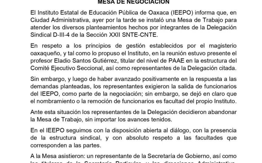 Abandona S-22 mesa de negociación