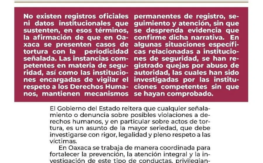 Gobierno de Oaxaca niega que exista tortura sistemática en el estado 