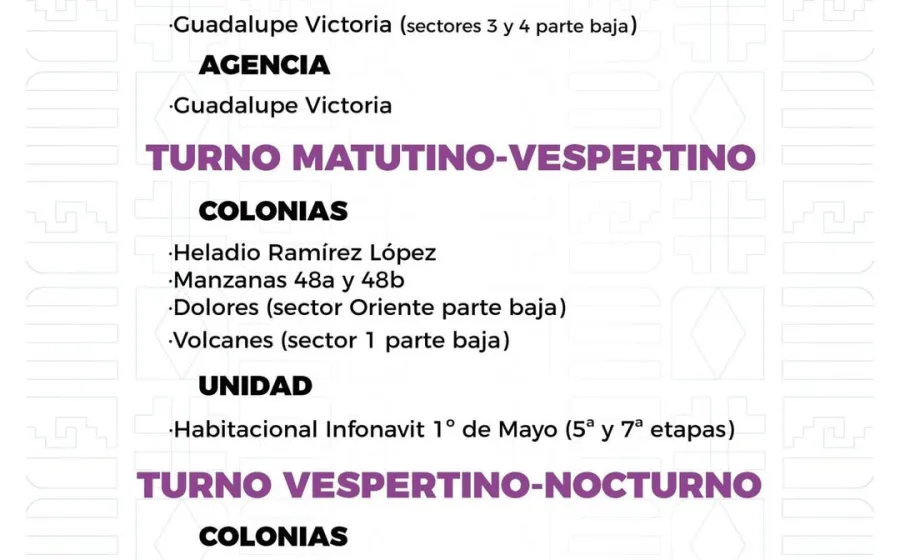 Agenda del suministro de agua potable para este miércoles 