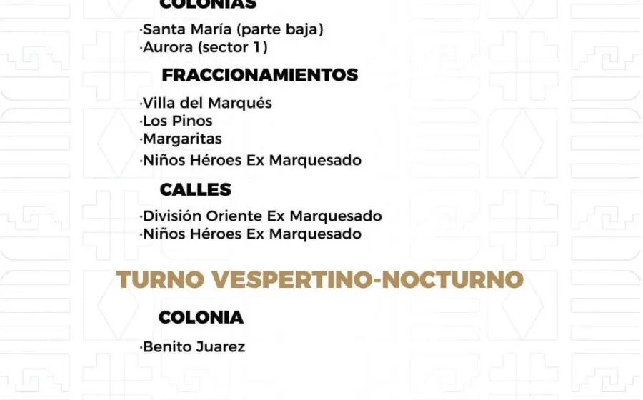 Agenda del suministro de agua potable para este domingo 