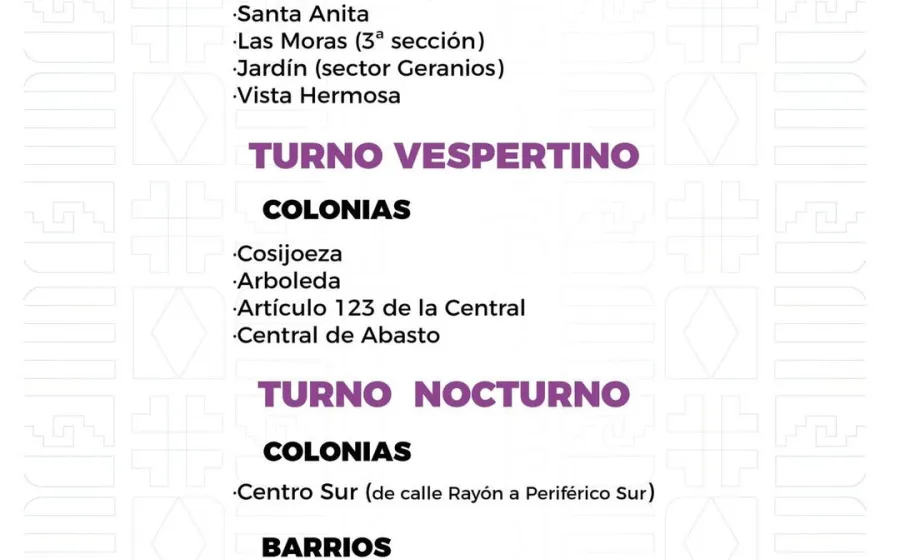 Agenda del suministro de agua potable para este miércoles 