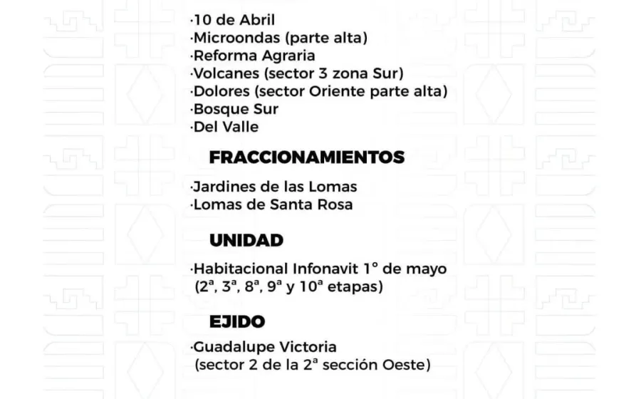 Agenda del suministro de agua potable para este lunes 