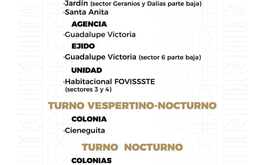 Agenda del suministro de agua potable para este domingo 