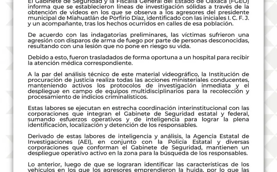 Gabinete de Seguridad y FGEO establecen líneas de investigación a partir de videos tras agresión a edil de Miahuatlán; no se reportan fallecidos