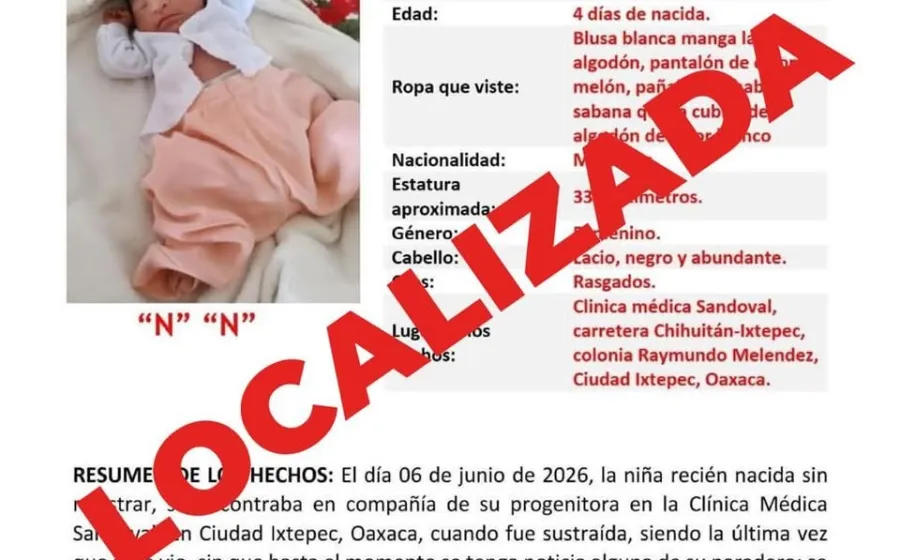 Localiza FGEO a salvo a bebé recién nacida reportada como sustraída en Ciudad Ixtepec