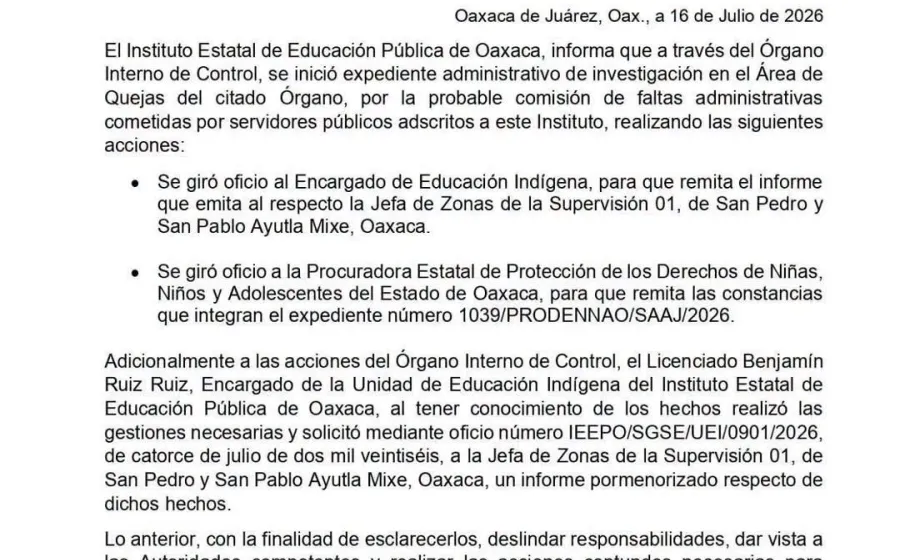 Comunicado del IEEPO sobre consumo de alcohol en un bailable en clausura escolar.