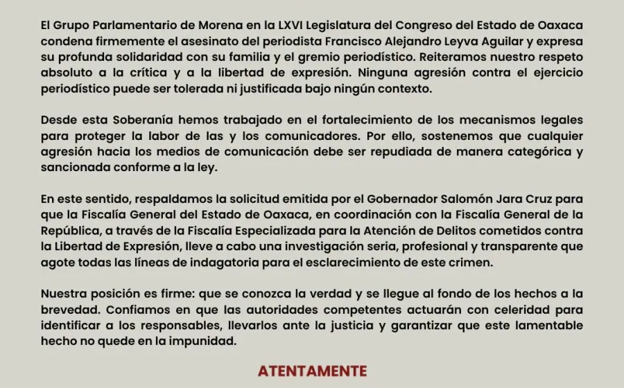 Legisladores fijan un posicionamiento sobre lo ocurrido al periodista Alejandro Leyva Aguilar.