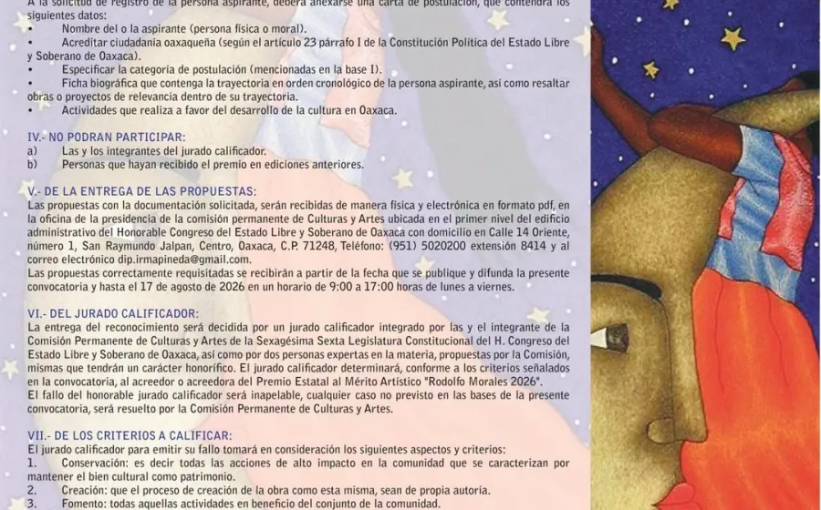 Convoca el Congreso de Oaxaca al Premio Estatal al Mérito Artístico "Rodolfo Morales 2026"