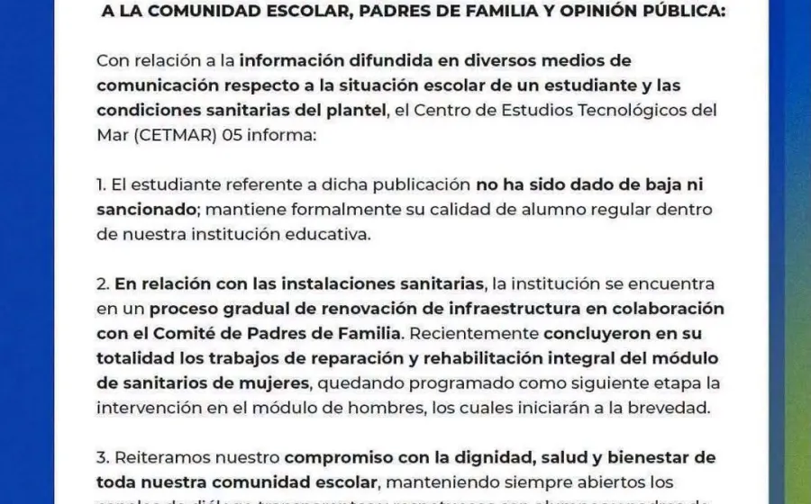 CETMar responde a señalamientos sobre alumno y condiciones de los baños
