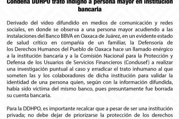 Llama DDHPO a investigar caso de adulta mayor obligada a acudir a banco para recibir pensión 