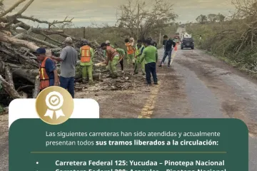 Carreteras atendidas después de resultar con dos por Huracán Erick