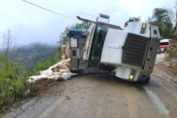 Camión cargado de maíz volcó en la Sierra de Flores Magón