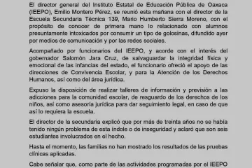Ofrece IEEPO respaldo institucional a Sec. 139, ante presunta intoxicación de estudiantes