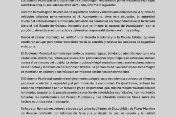 Gobierno municipal denuncia quema de vehículos oficiales en Eloxochitlán de Flores Magón