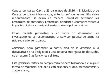 Se separa del cargo a persona señalada y se protege a posible víctima en municipio de Oaxaca de Juárez 