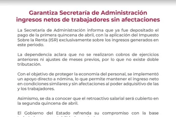 Garantiza Secretaría de Administración ingresos netos de trabajadores sin afectaciones