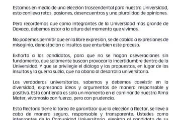 Posicionamiento del Rector de la UABJO Cristian Eder Carreño López sobre expresiones que enturbien el desarrollo de las elecciones internas de la Universidad.