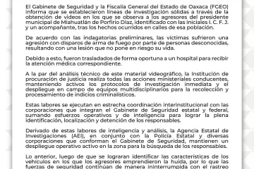 Gabinete de Seguridad y FGEO establecen líneas de investigación a partir de videos tras agresión a edil de Miahuatlán; no se reportan fallecidos