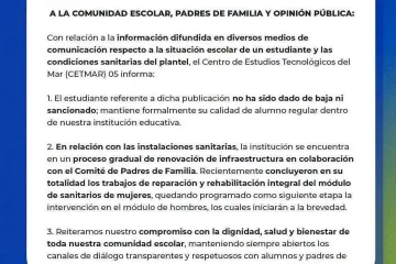 CETMar responde a señalamientos sobre alumno y condiciones de los baños