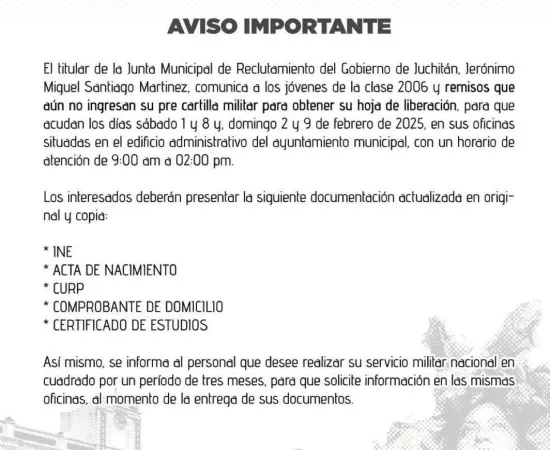 Convocan para realizar el Servicio Militar para  jóvenes de la clase 2006 y remisos