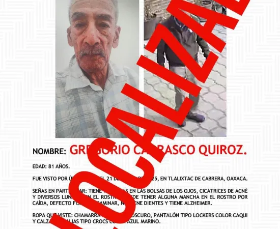Localizan a don Gregorio reportado como desaparecida 