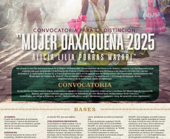 Convocatoria abierta para la distinción "Mujer Oaxaqueña 2025", en reconocimiento a la excelencia y aportaciones de las mujeres de la capital