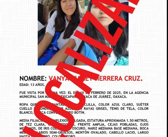 Hallan a adolescente reportada como No Localizada en la región de los Valles Centrales