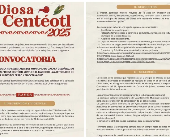 Continúa abierta la convocatoria para la elección de la representante de la Diosa Centéotl 2025 del Municipio de Oaxaca de Juárez