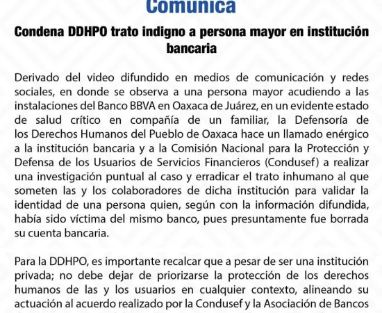 Llama DDHPO a investigar caso de adulta mayor obligada a acudir a banco para recibir pensión 