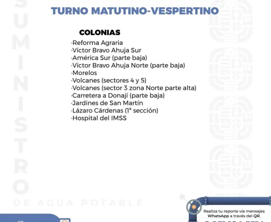 Agenda del suministro de agua potable de SOAPA de este sábado 03 de mayo