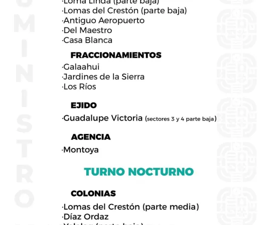 Agenda del suministro de agua potable de SOAPA de este jueves