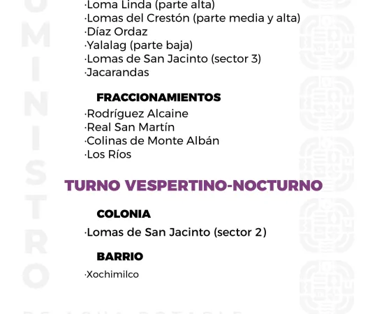 Agenda del suministro de agua potable de este viernes 