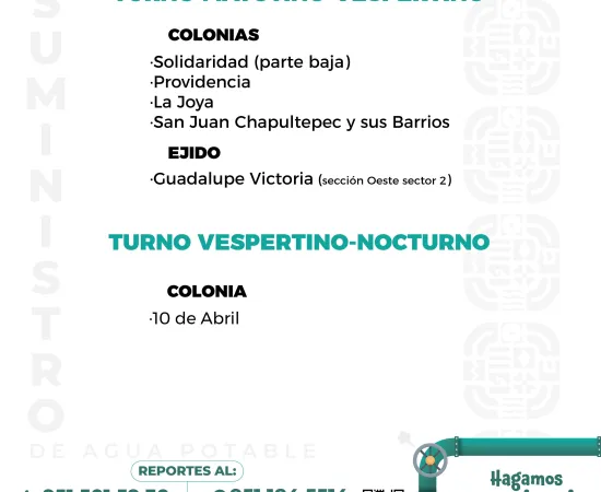 Agenda del suministro de agua potable de este jueves 