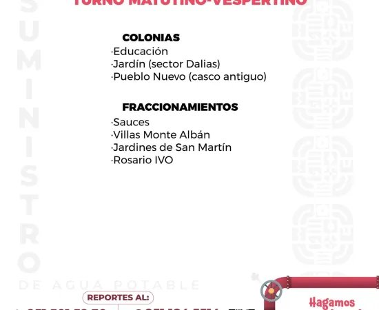 Agenda del suministro de agua potable de este lunes