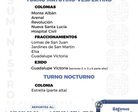 Agenda del suministro de agua potable de este sábado 