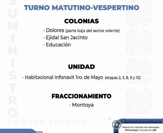 Agenda del suministro de agua potable de SOAPA de este sábado