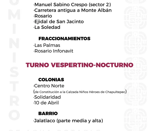 Agenda del suministro de agua potable de este miércoles 
