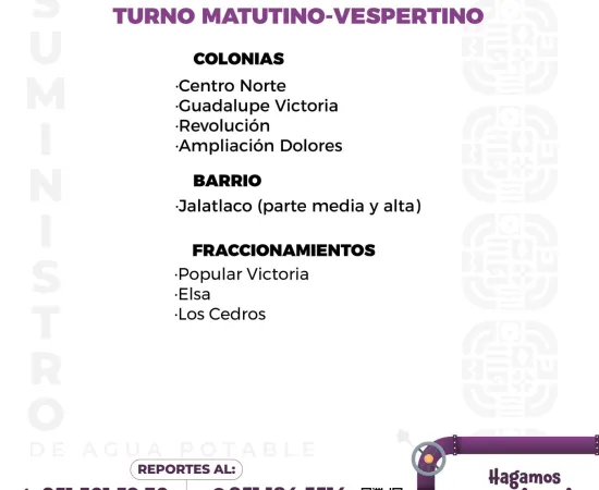 Agenda del suministro de agua potable de este viernes 