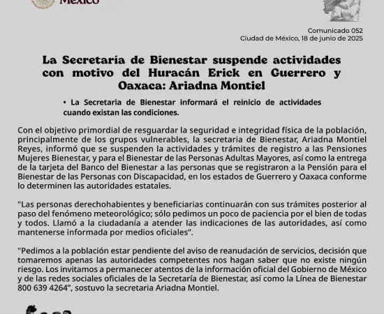 Por Huracán Erick, suspende actividades Secretaría de Bienestar en Oaxaca
