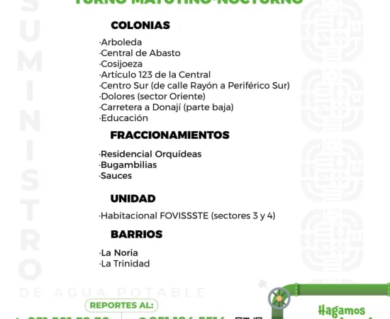 Agenda del suministro de agua potable de de este domingo 