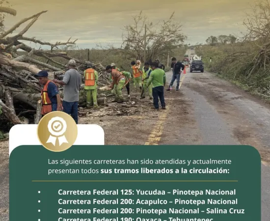 Carreteras atendidas después de resultar con dos por Huracán Erick