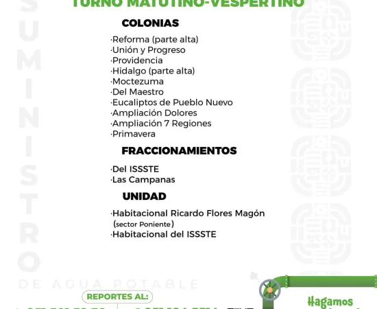 Agenda del suministro de agua potable para este domingo 