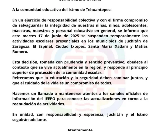 Por hechos violentos registrados en las últimas horas, suspenden clases en escuelas del Istmo 