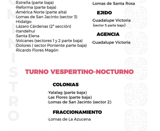 Agenda del suministro de agua potable para este lunes 