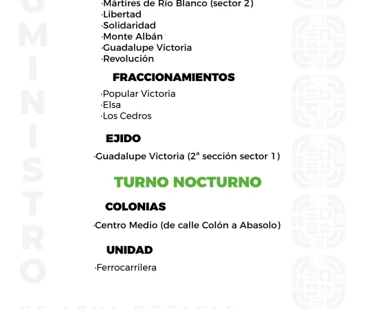 Agenda del suministro de agua potable para este domingo