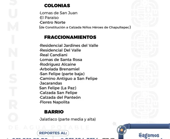 Agenda del suministro de agua potable para este sábado 